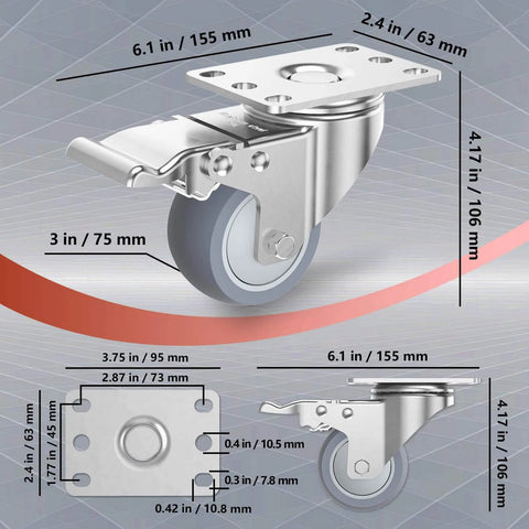 3 inch stainless steel caster wheels with brakes, heavy duty 304 swivel caster, dimensions with quiet TPR wheel.