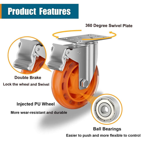 3 inch stainless steel caster wheels with total lock brake showing injected PU wheel, double brake, and ball bearings.