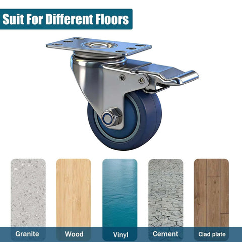 3 inch stainless steel caster wheels with total lock brake made from SUS 304, washable maintenance free casters designed for sanitary use in a 2 pack, side view.