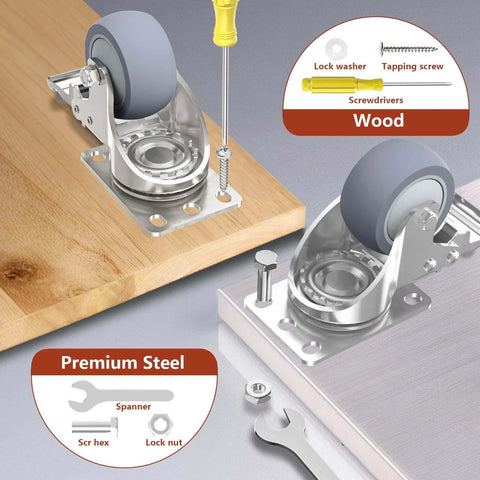 3 inch stainless steel caster wheels with brakes, heavy duty 304 swivel casters featuring quiet TPR wheels in a 4 pack, installed on wood.