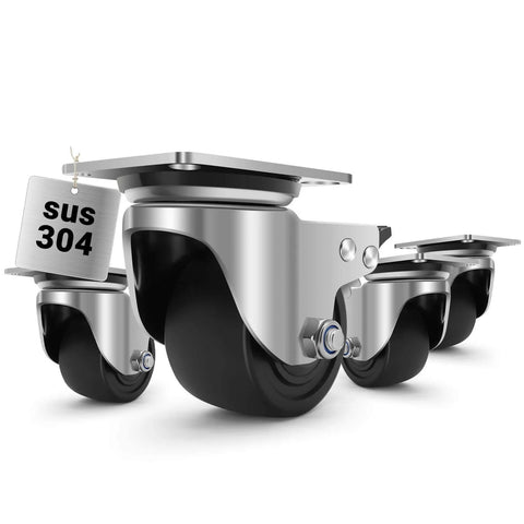 3 inch stainless steel heavy duty caster wheels set of 4 with swivel plate design, close-up view of casters with brake rated 4400 lbs.