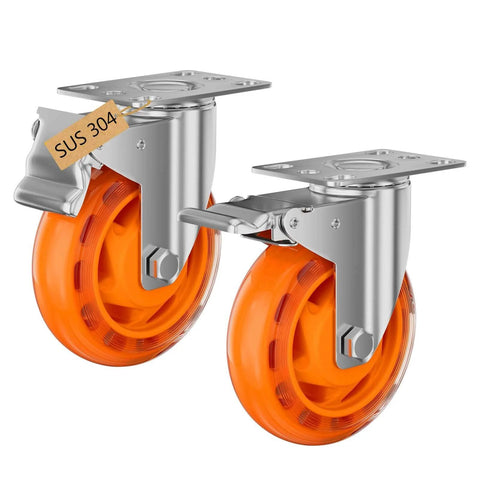 3 inch stainless steel caster wheels with total lock brake, SUS 304 washable heavy duty waterproof casters in a 2 pack, side view.