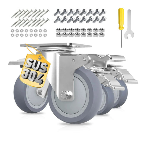3 inch stainless steel caster wheels with brakes, heavy duty 304 swivel casters featuring quiet TPR wheels in a 4 pack with accessories.