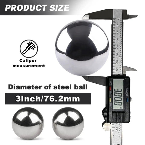 Caliper measuring 3 inch 76.2mm steel ball, showing 2 Pieces 3 Inch Ball Bearing Steel Balls 76.2mm Precision Solid Balls With Polished Finish Built To Last Heavy Duty Wear Resistant High Hardness Bearing Steel Ideal For Industrial Machinery Bearings CNC Fixtures And Precision Applications