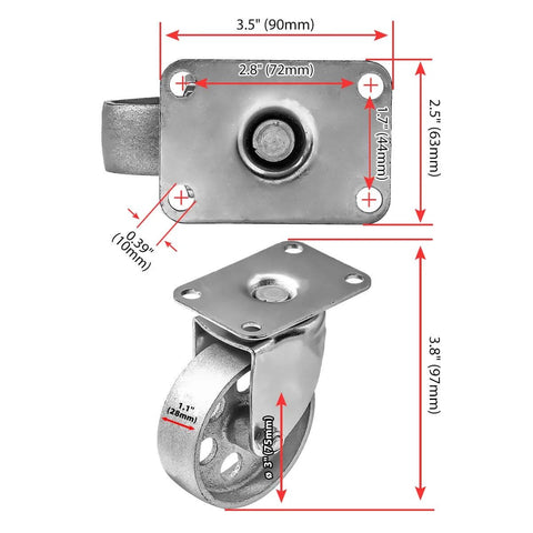 Dimensions of 3 Inch Heavy Duty All Steel Swivel Plate Caster Wheels Set of 4, High Gauge Iron Casters Combo with Brake Lock