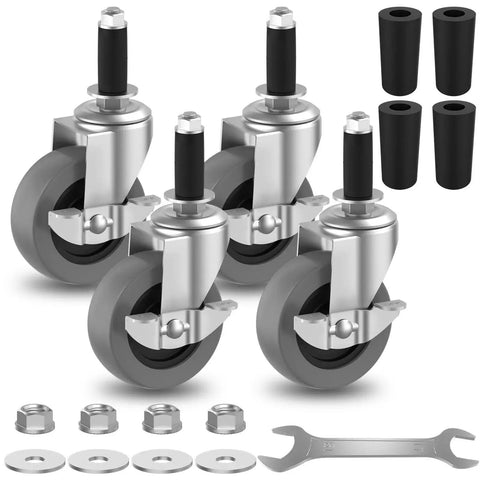 3 Inch Expanding Stem Caster Wheels Set Of Four With Side Brake For Utility Carts Shopping Carts And Furniture Legs Heavy Duty Replacement Wheels Fits Three Quarter Inch And Seven Eighth Inch Round Tube Diameters Includes Wrench Nuts Washers And Rubber