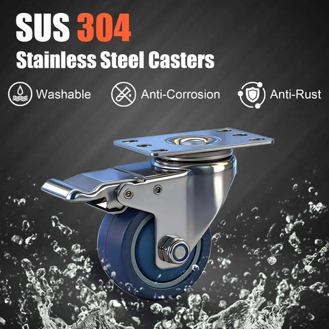 3 inch stainless steel caster wheels with total lock brake made from SUS 304, washable maintenance free casters designed for sanitary use in a 2 pack, side view.