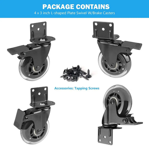 Side Mount Casters Set Of 4 With Brake, 3-inch L Shaped Plate, polyurethane wheels, screws, rustproof stainless steel frame