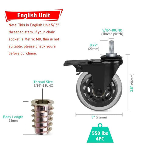 Diagram of 3 Inch Caster Set With 5/16-18UNC Threaded Stem 0.79 Inch Long, showing dimensions and components.