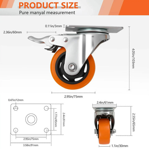 Diagram of 3-Inch Caster Set 4 Pieces with brake and fixed wheel combination, showing measurements and design