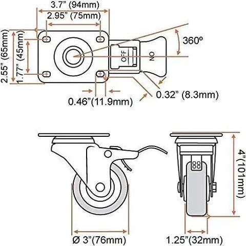 Technical diagram of 8 Pack 3 Inch Combo Caster Set With 4 Swivel Casters With Brakes And 4 Plate Heavy Duty Casters On Red PU Wheels