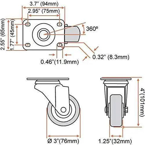 Diagram showing dimensions of 8 Pack 3 Inch Combo Caster Set with 4 Swivel Casters with Brakes and 4 Plate Heavy Duty Casters on Red PU Wheels.