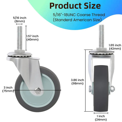 Heavy Duty 3 Inch Swivel Stem Casters Set Of 4 With Threaded Five Sixteenth Inch 18 UNC By One And One Half Inch Rubber Wheels For Wire Shelving Furniture And Carts Load Bearing 600 Lbs Total 150 Lbs Each Includes Nuts Washers And Spanner diagram showing dimensions.
