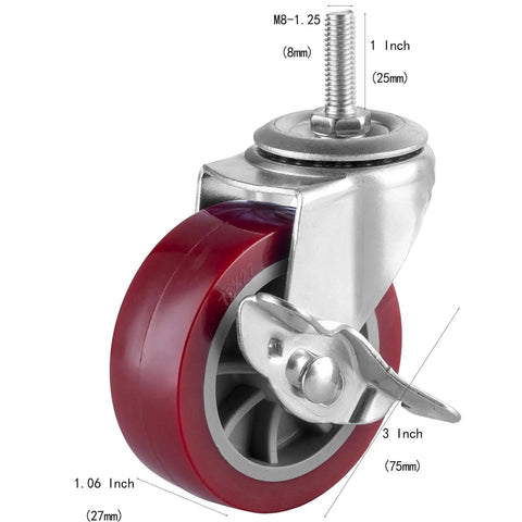 3 Inch Swivel Caster Wheels Set Of 4 With Locking Brakes Heavy Duty Casters Total Capacity 330 Lbs M8 Threaded Stem PU Wheels