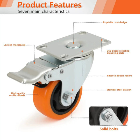 3-Inch Caster Set 4 Pieces With Brake And Fixed Wheel Combination For Mobile Metal Racks Carts Farm Equipment And Industrial Applications, Swivel Casters With Double Locking Brakes And Fixed Wheels, 1000 Lb Load Capacity, Screws Included showing locking mechanism and rotating mounting plate