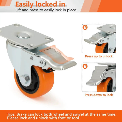 3-Inch Caster Set 4 Pieces With Brake And Fixed Wheel Combination For Mobile Metal Racks Carts, swivel caster with brake close-up