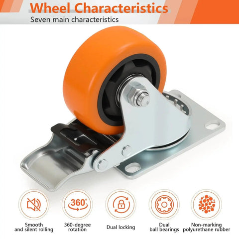 3-Inch Caster Set 4 Pieces With Brake And Fixed Wheel Combination For Mobile Metal Racks Carts Farm Equipment And Industrial Applications, Swivel Casters With Double Locking Brakes And Fixed Wheels, 1000 Lb Load Capacity, Screws Included - close-up of orange wheel and brake mechanism