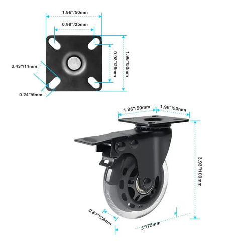 3 Inch Plate Caster Set Of 4 With Brake Dual Locking Heavy Duty Top Plate Industrial Swivel Casters Load Capacity 600 Lbs