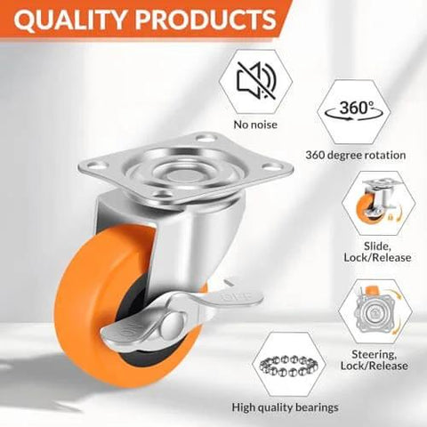 3 Inch Heavy Duty Caster Wheels Set of 16 with Brake, Swivel Top Plate Industrial Castors with orange polyurethane wheel, quality features