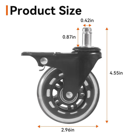 Side view of a 3-inch rubber swivel caster wheel with brake showing product dimensions for heavy-duty grill use.
