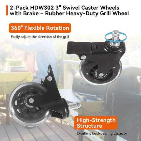 2 Pack 3 Inch Swivel Caster Wheels With Brake Rubber Heavy Duty Grill Replacement For Pellet Grills