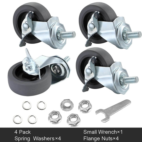 4 pack of 3 Inch Locking Swivel Stem Caster Wheels with 3/8-16 x 1 Threaded Stem, rubber casters, nuts, and wrench for easy installation