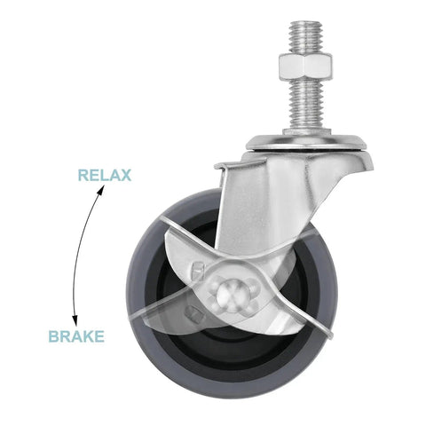 3 Inch Caster Wheels Set Of Four With Side Brake Heavy Duty Swivel Casters For Workbenches Carts And Shelving Units 600 Lb Per Wheel Load Capacity M12 1.75 By 25 Mm Threaded Stem Quiet Non Marring Replacement close-up