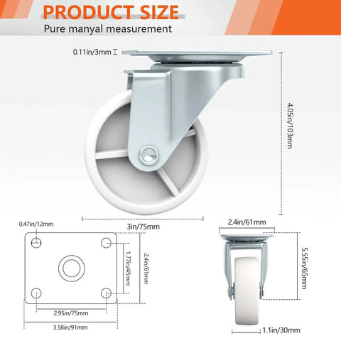 Dimension details of 3-Inch Swivel Caster Wheels Set Of Four Polyurethane Plate Casters for furniture and carts