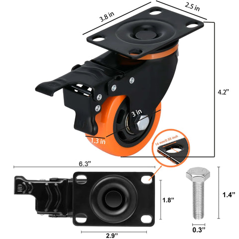 3 inch heavy duty plate swivel caster wheels set of 4 with safety brakes silent non marking PVC wheels dimensions
