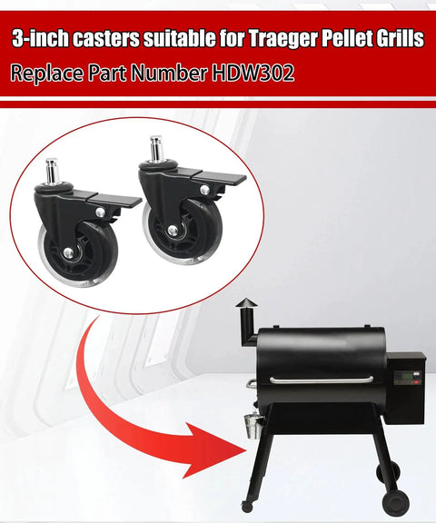 Image of Traeger 3 Inch Swivel Caster Wheels With Brakes Set Of 2 For Pellet Grills Fits Timberline 850 1300 Ironwood 650 885 XL Pro 780 Pro Series 34 Texas Elite 34 Replacement HDW302 Built In Brake Lock next to a pellet grill