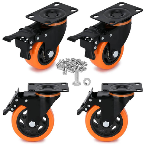 3 inch heavy duty plate swivel caster wheels set of 4 with safety brakes silent non marking PVC wheels rated 1800 lb total steel body