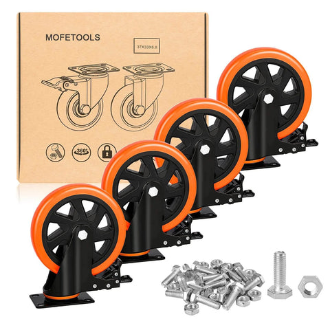 3 inch heavy duty plate swivel caster wheels set of 4 with safety brakes displayed with bolts and packaging box