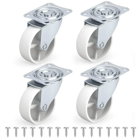 Set of four 3-inch swivel caster wheels with screws, showing polyurethane plate casters for furniture, carts, cabinets, and shelves.
