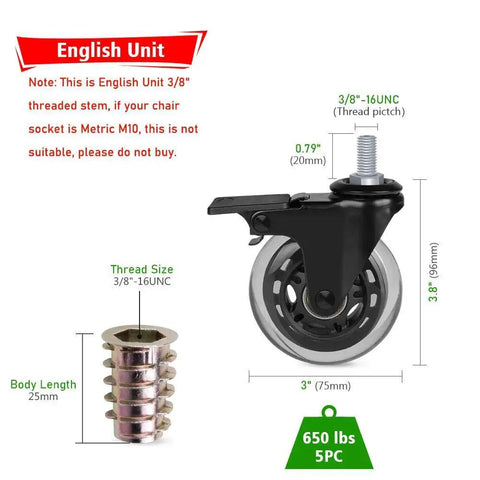 Three Eighths Inch Thread Swivel Stem Casters With Locking Brake For Office Chairs Furniture And Shelves Heavy Duty Caster Replacement Pack Of Five Includes Three Eighths Inch Thread Screw Inserts Imperial Stem System, 3-Inch dimensions shown.