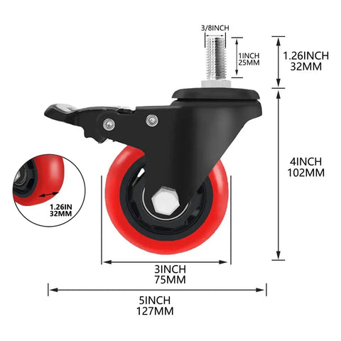 Three Inch Stem Caster Wheels Swivel With Double Locking Design, Heavy Duty Set Of Four for Furniture Cabinets Cars