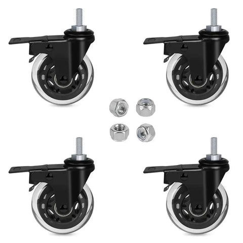 Set of 4 heavy-duty 3 inch threaded stem caster wheels with brakes, 5/16-18 UNC, shown with nylon lock nuts for workbenches and carts.