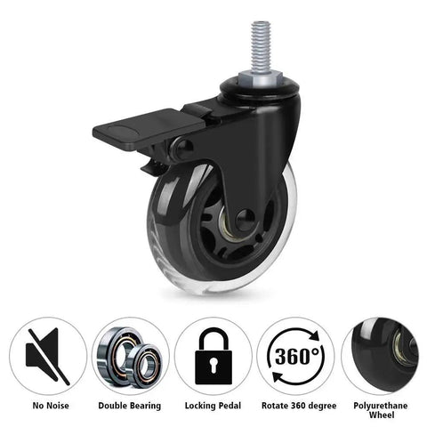 3 Inch Threaded Stem Caster Wheel with brakes, black heavy-duty swivel caster for workbenches and carts, features nylon lock nut and safety locking.