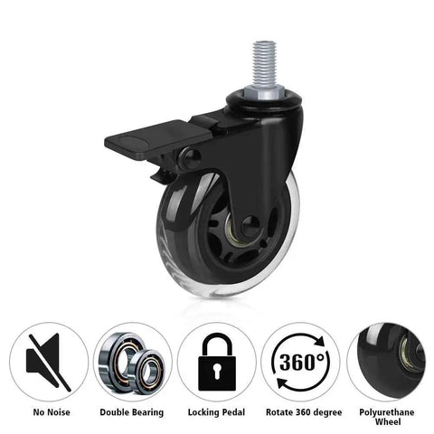 Threaded Stem Casters Set of 4, Heavy Duty 3 Inch Swivel Casters With Brake and Lock Nuts, Three Eighths Inch 16 UNC Coarse Thread Stud