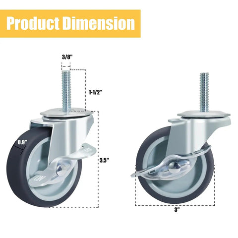 3 Inch Caster Wheels Locking Stem Casters Set Of 4 Threaded Stem Size 3 8 Inch 16 UNC By 1 2 Inch Heavy Duty Steel Housing Coffee Rubber Wheel Swivel Castors For Furniture And Carts With Side Brake dimensions
