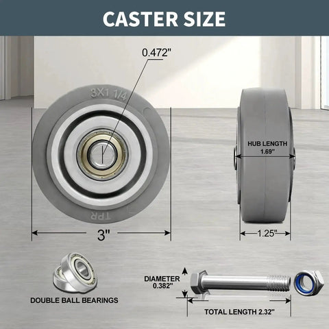 3 Inch Thermoplastic Rubber Caster Wheels Set Of 4 Silent Heavy Duty Casters With 1200 Lb Capacity Non Marking Gray Tread