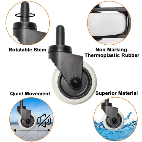 4 Pack Mop Bucket Casters Replacement 3 Inch TPR Soft Rubber Swivel Stem Caster showcasing rotatable stem, non-marking rubber, and quiet movement.