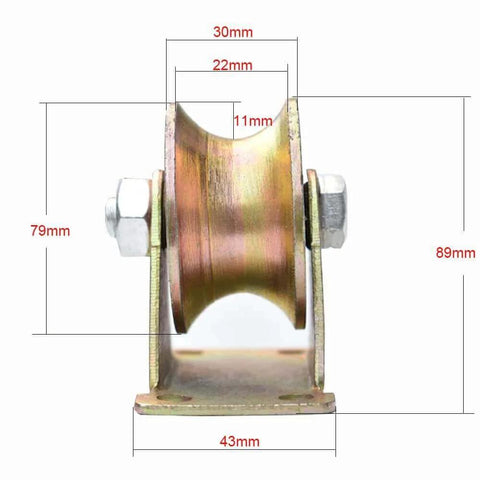 Front view of a 3-Inch U-Groove Caster Wheel with Bracket - Load Capacity 1102lbs for gates and machines with detailed measurements.
