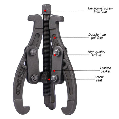 3 Jaw Inner Bearing Puller, Pilot Bearing Gear Puller for Auto with Reversible Jaws, shown with labeled components, Heavy Duty Gear Extractor Tool