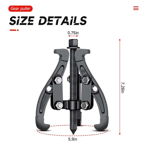 3 Jaw Inner Bearing Puller, Pilot Bearing Gear Puller for Auto with Reversible Jaws, size details shown, 6 inch tool.