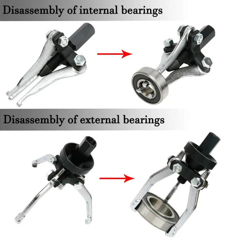 Beefy 3 Jaw Gear Bearing Slide Hammer Puller Set for internal and external removal, showing tools disassembling bearings.