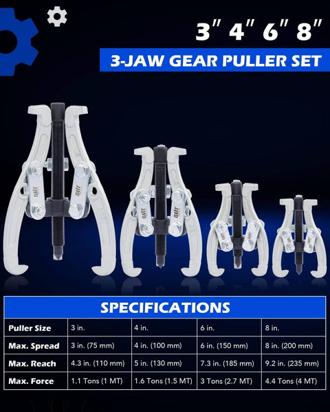 Gear Puller Set, 3" 4" 6" 8" 3 Jaw Puller Kit for Pulley Gear Bearing Flywheel Removal with specifications chart