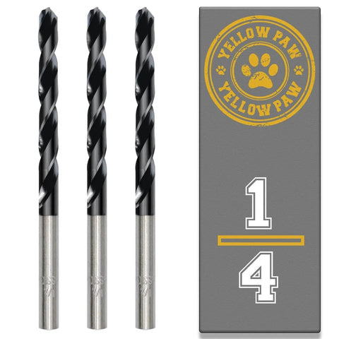 3 Pack 1/4 Inch Drill Bit Set With Industrial Grade M35 Cobalt TiAlN Coating For Metalworking 4 Inch Total Length displayed with Yellow Paw branding