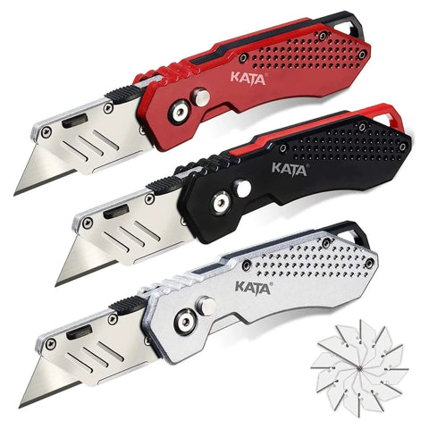 3 Pack Folding Utility Knife Set With Zinc Alloy Body, Quick Change Blades, Lock Back, Includes 12 Extra Blades, shown in red, black, silver