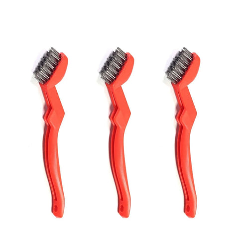 3-Pack 7" Stainless Steel Wire Brushes with red handles for heavy-duty cleaning in kitchens and workshops