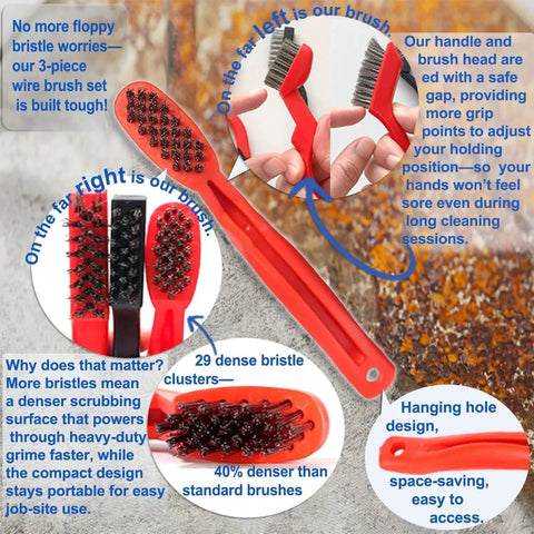 3-Pack 7" Stainless Steel Wire Brushes with ergonomic handle, showcasing dense bristles for heavy-duty cleaning and rust removal.